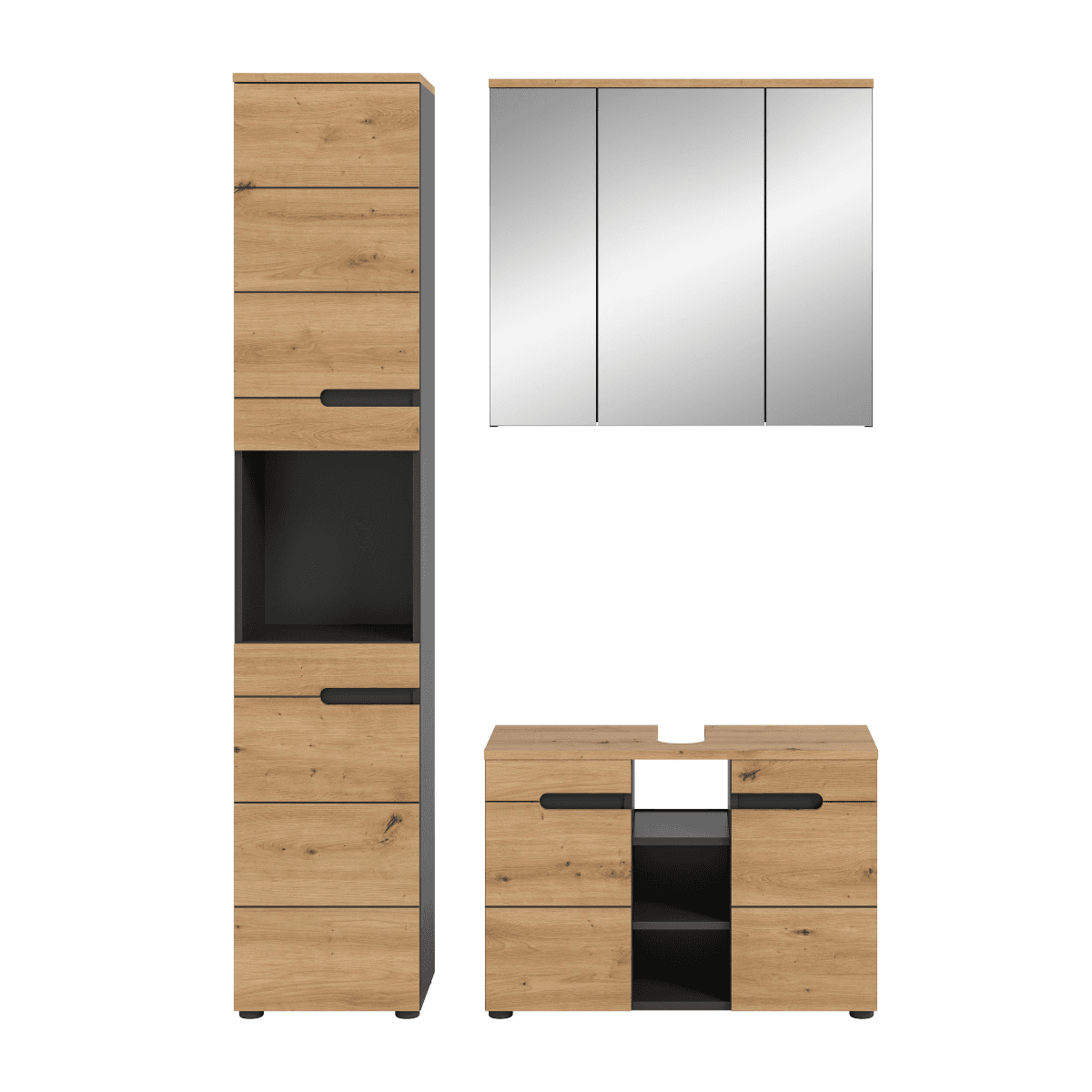 Ensemble meubles de salle de bain effet chĂȘne et gris L133 cm - ENO - Panneaux de particules - Calicosy