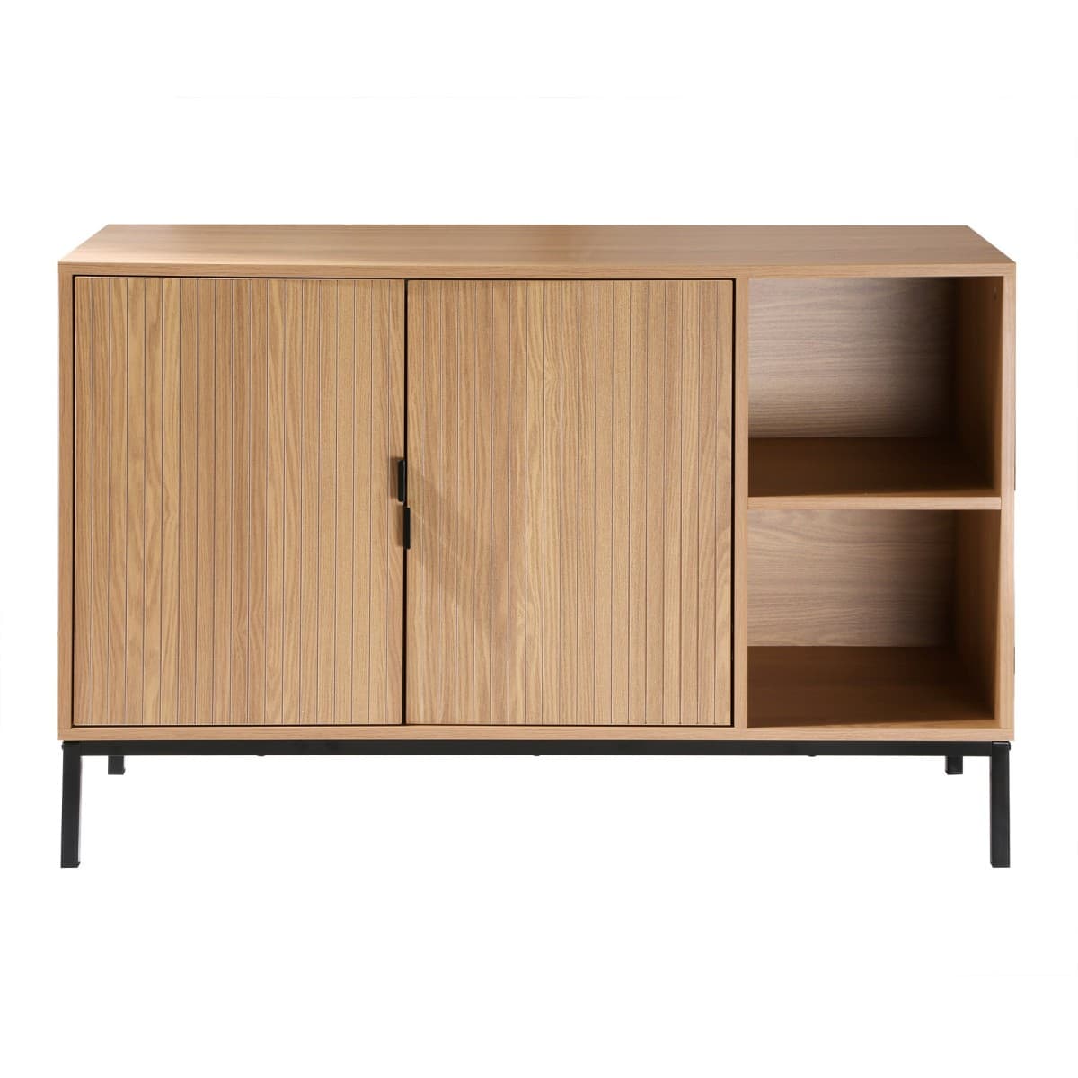 Buffet 2 portes 2 niches ouvertes effet bois rainuré L110 cm - TARA - Panneaux de particules - Calicosy