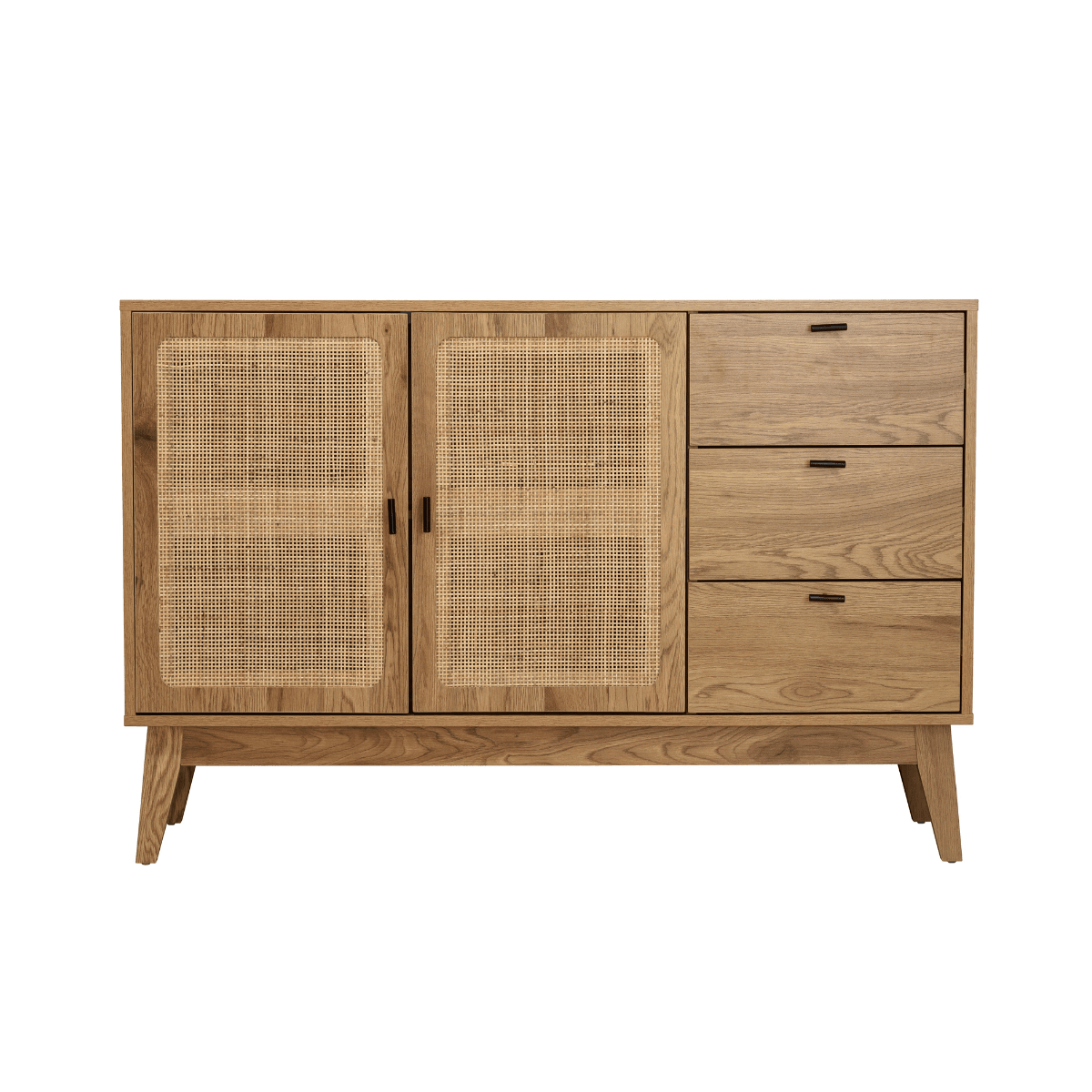 Buffet 2 portes et 3 tiroirs avec façades en rotin L120 cm - ALIA - Panneaux de particules - Calicosy