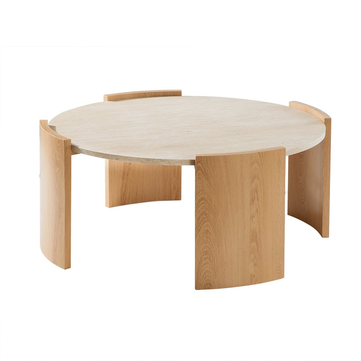 Table basse ronde plateau effet travertin et pieds effet bois D80 cm - IZIA - Panneaux de particules - Calicosy