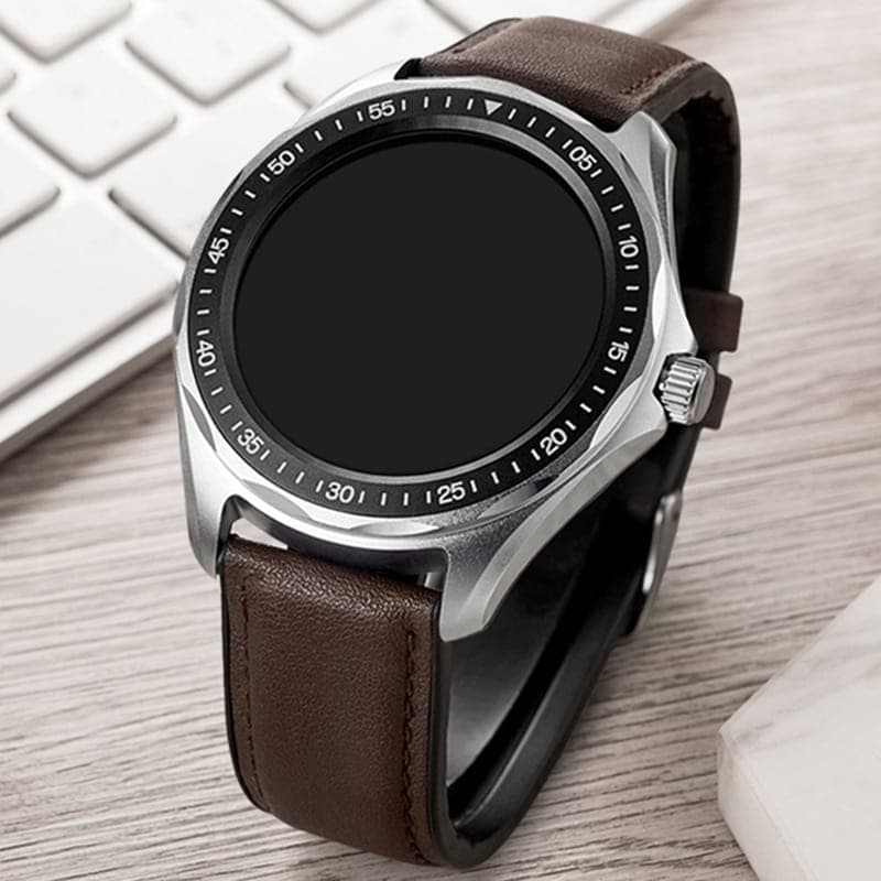 Smartwatch élégante en cuir (Couleur: Cadran Blanc - Bracelet Brun)