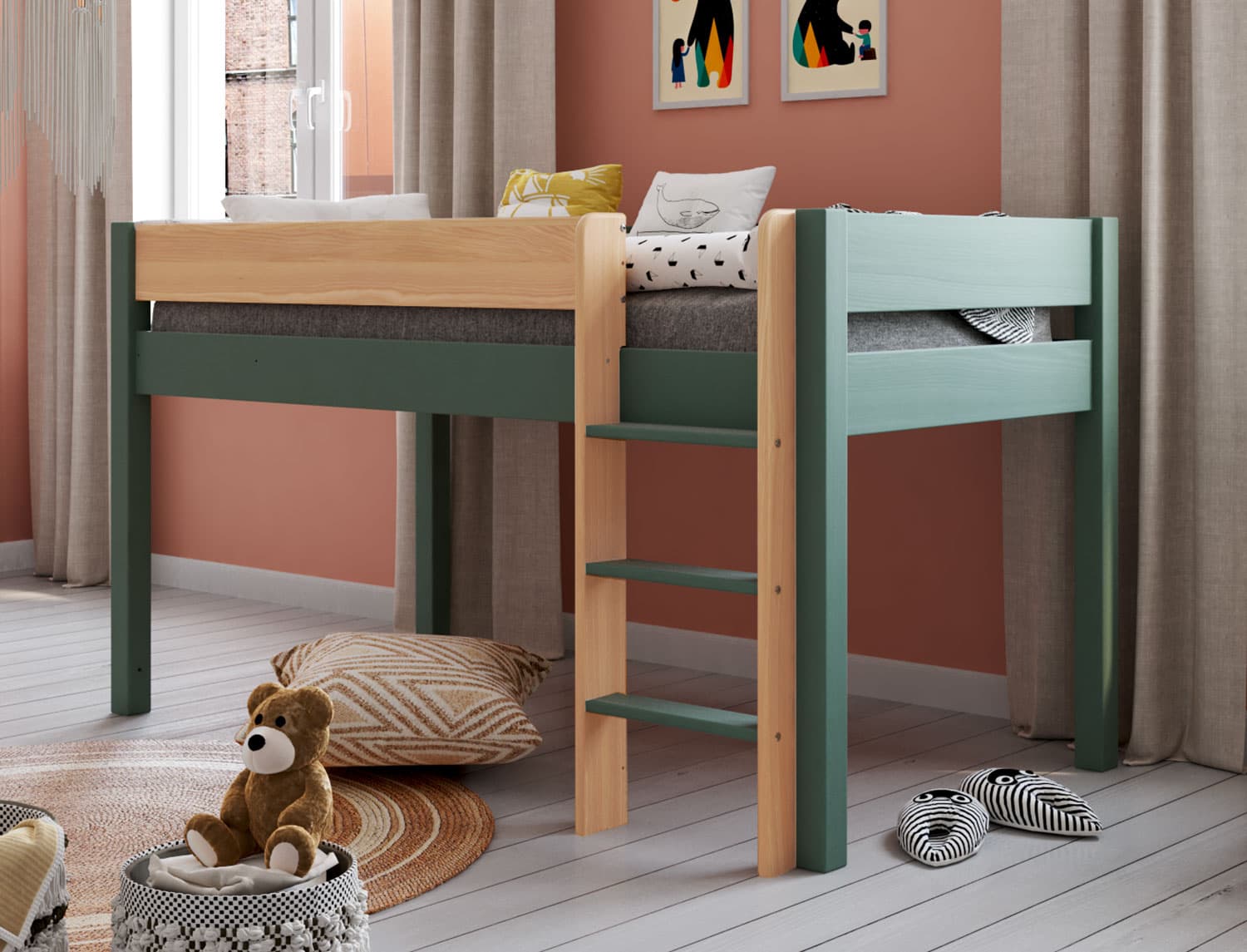 Lit mi-hauteur Landes Kaki et Bois massif