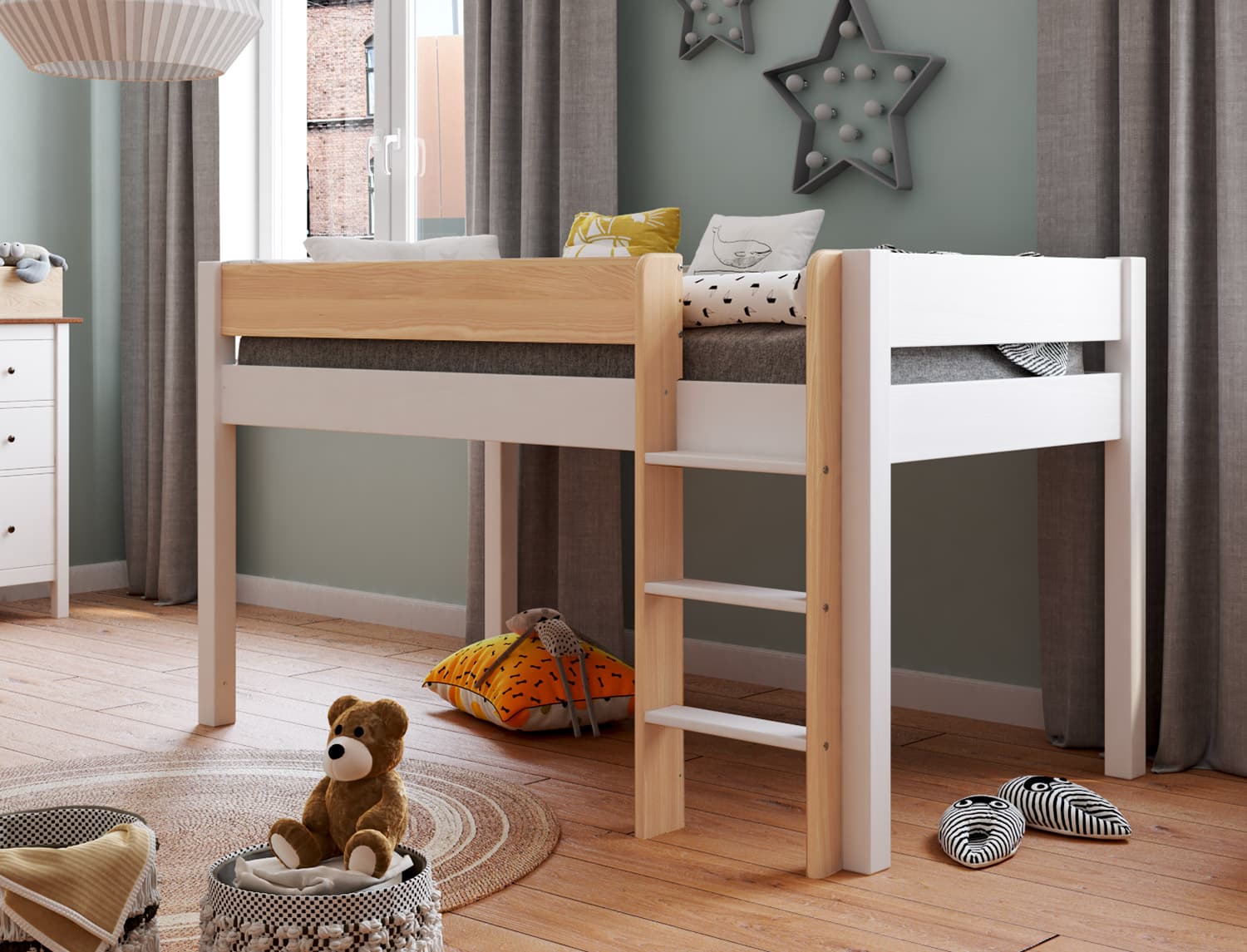 Lit mi-hauteur Landes Blanc & Bois massif