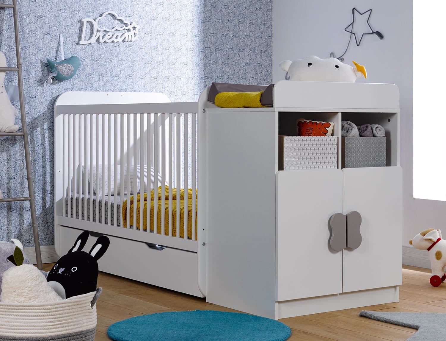 Chambre bébé évolutive Madrid Blanc + Tiroir & Matelas