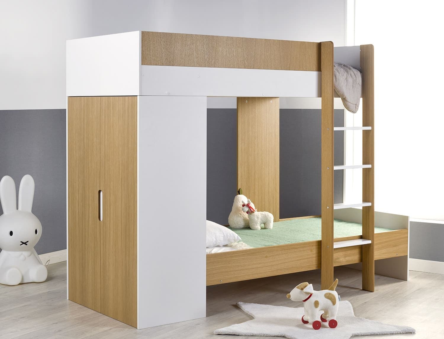 Lit superposé évolutif avec armoire Opus Blanc & bois