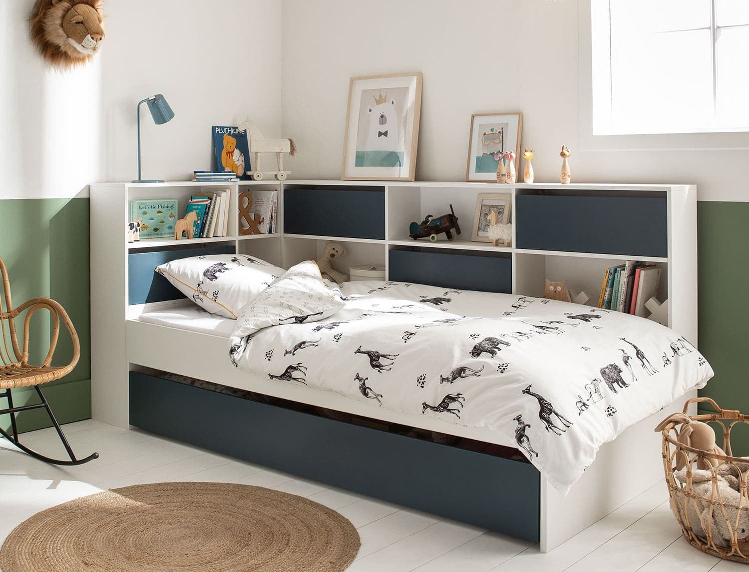 Lit gigogne avec rangements Blanc & Bleu nuit Opus