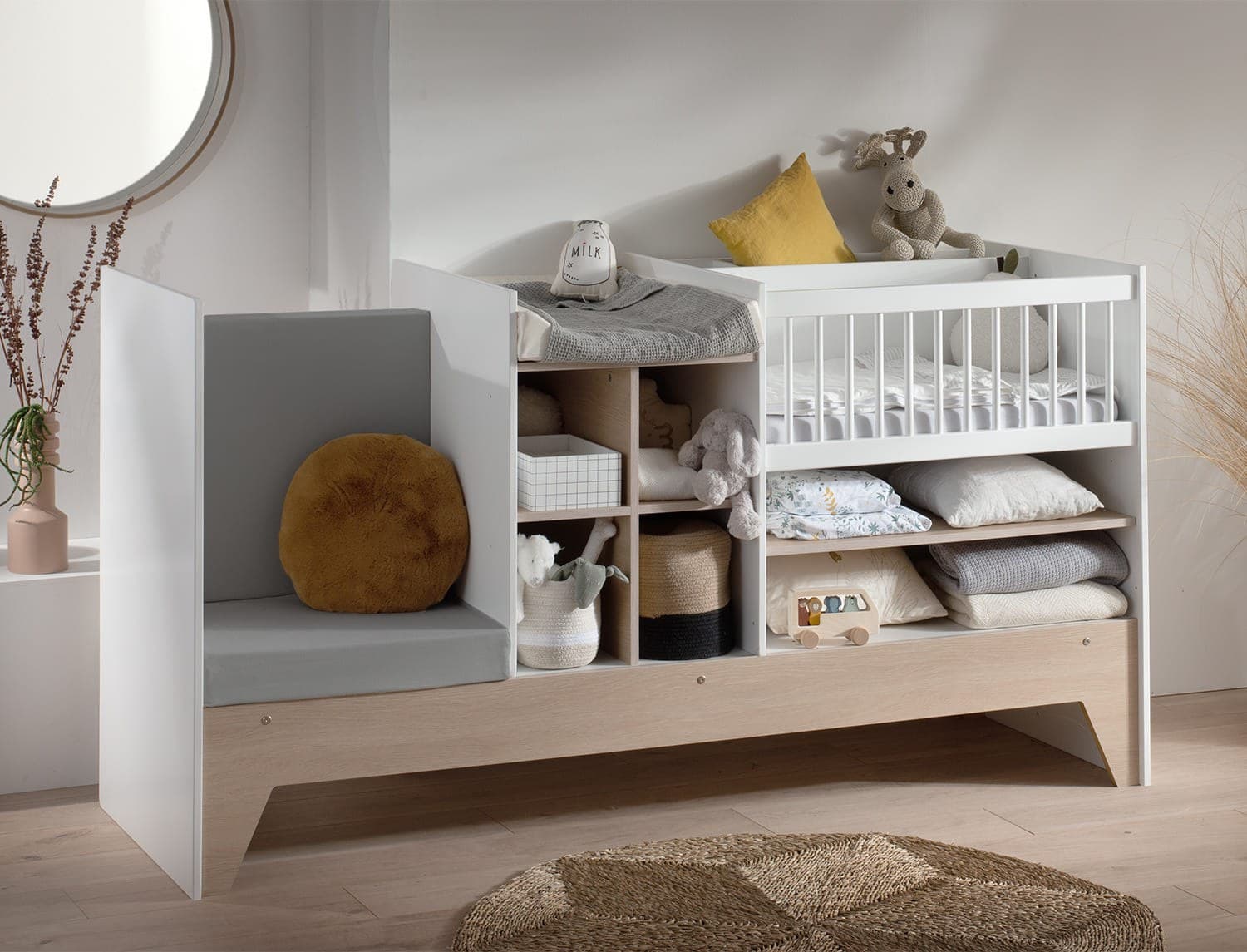 Lit bébé évolutif combiné Blanc & bois Ecrin
