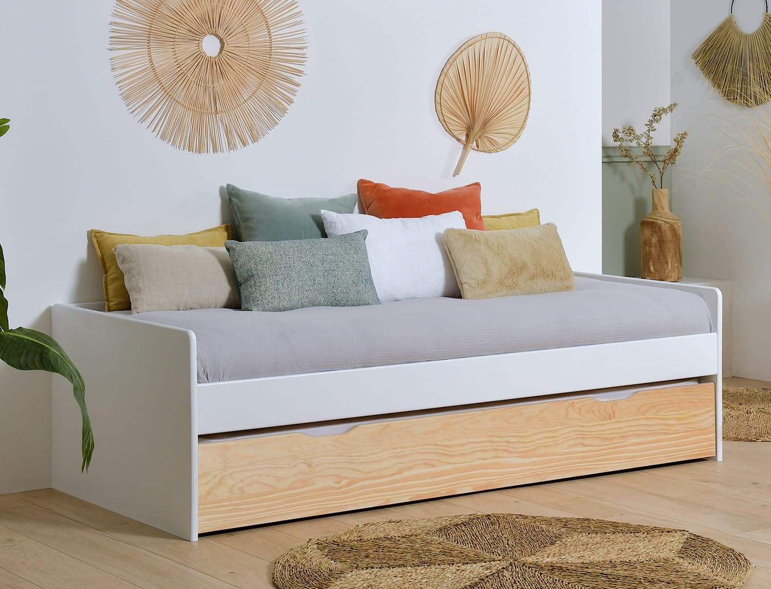 Lit banquette gigogne LANDES Blanc & Bois massif