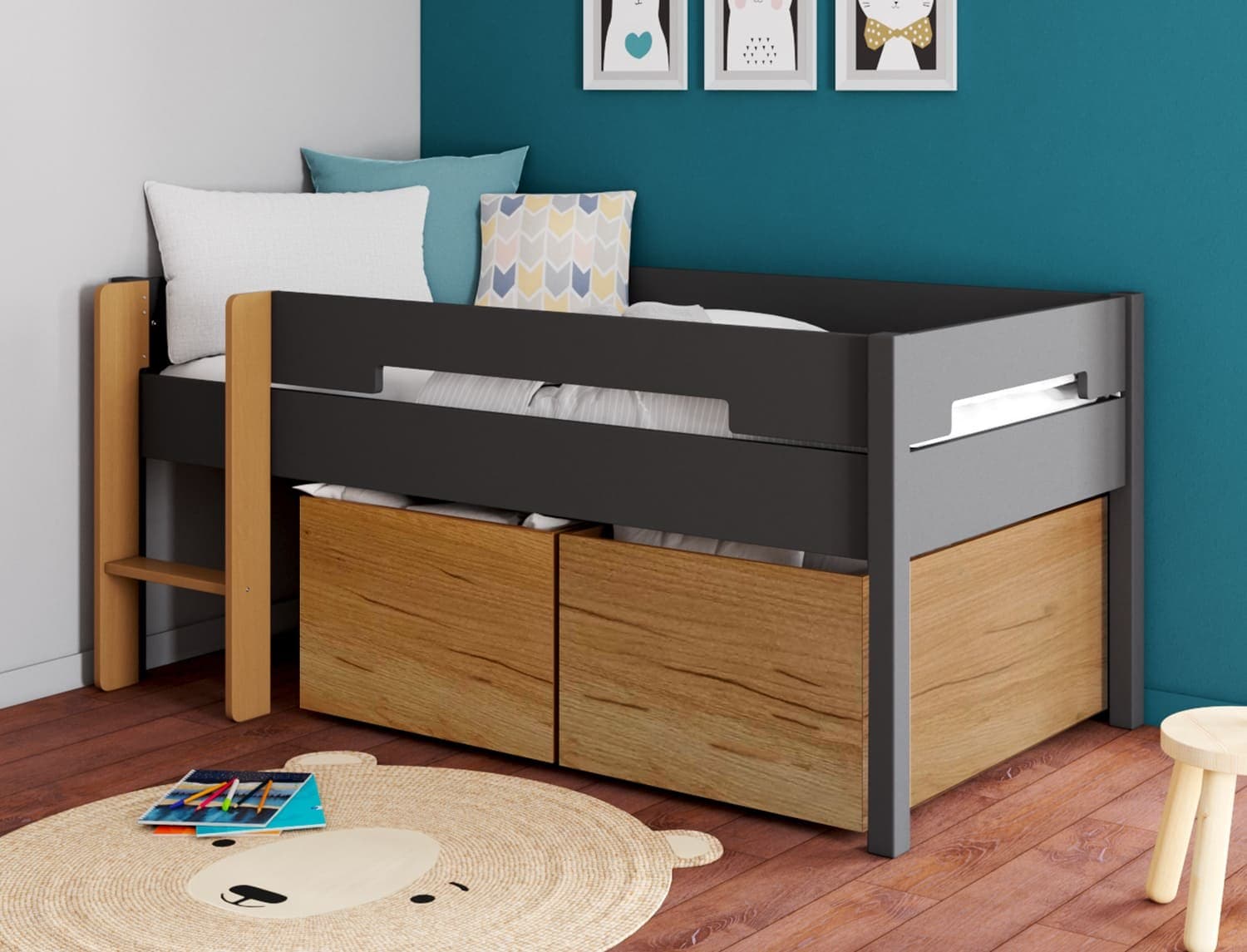 Lit mi-hauteur avec rangements 90x190 MILO - Anthracite