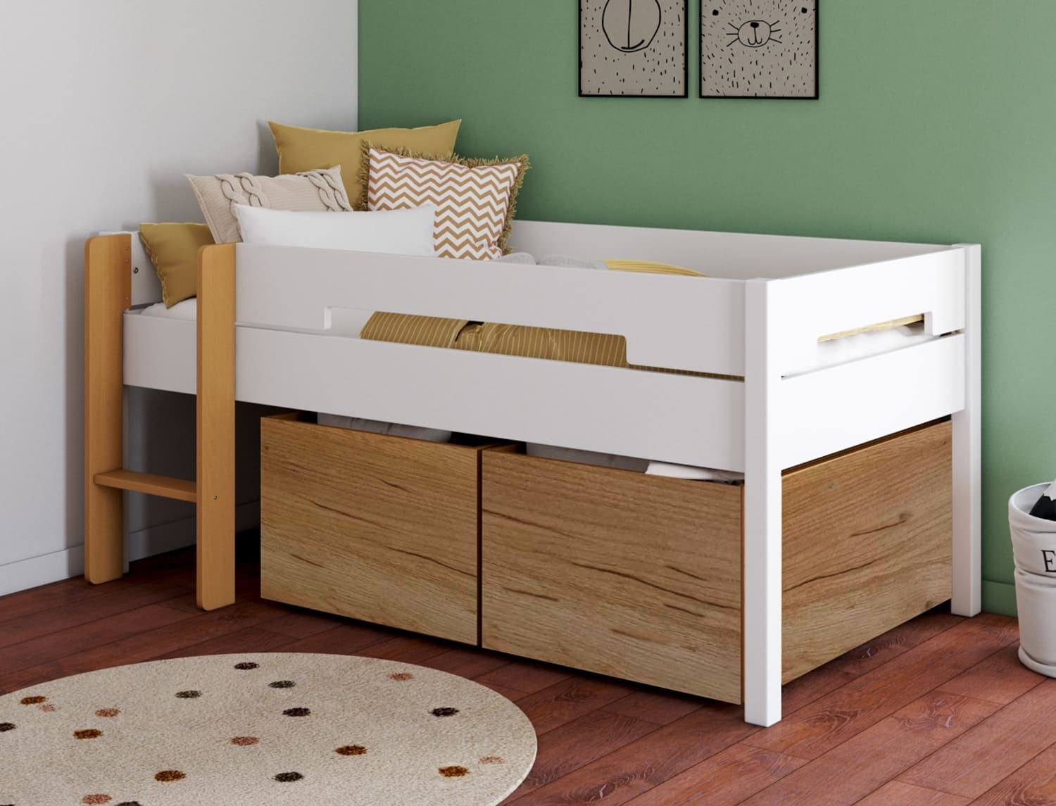 Lit mi-hauteur avec rangements 90x190 MILO - Blanc & Bois