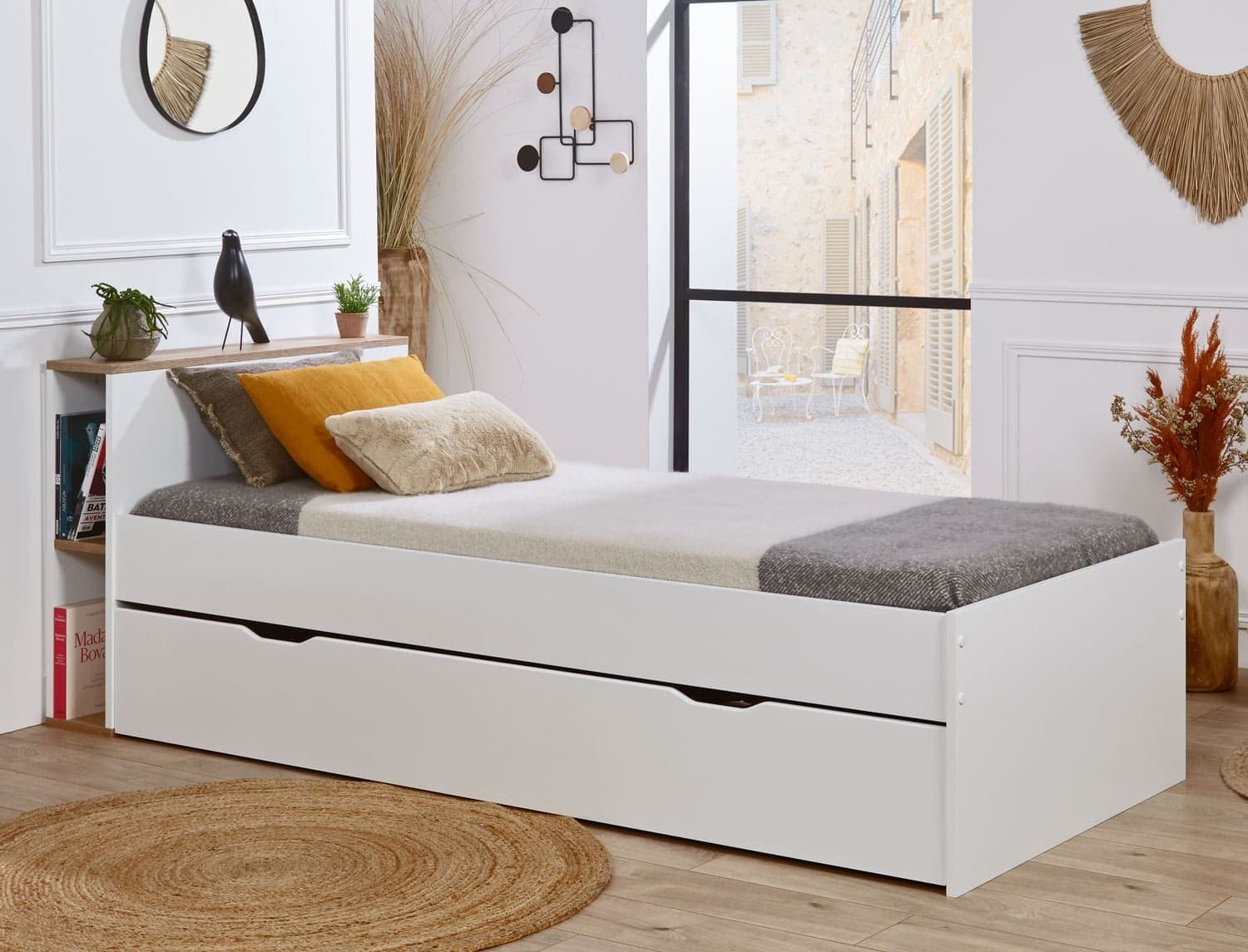 Lit gigogne avec rangements 90x200 Blanc & Bois Milor