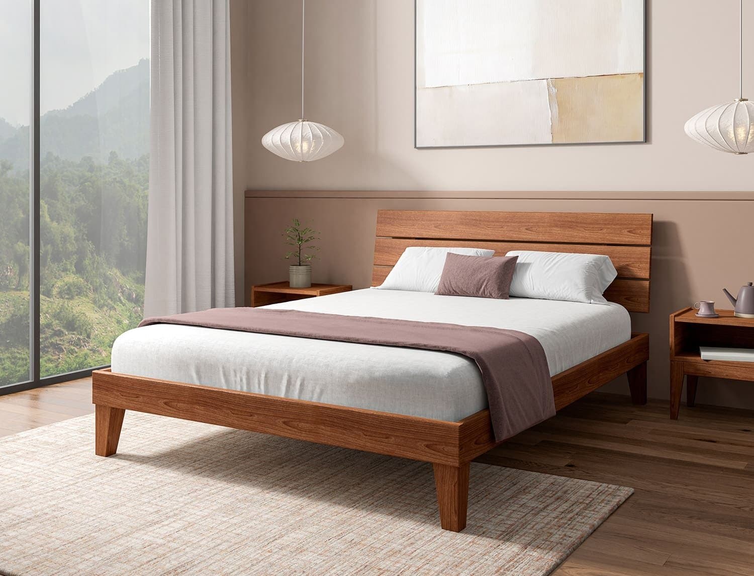 Lit avec tête de lit trio en bois massif 140x190 Baden Noyer