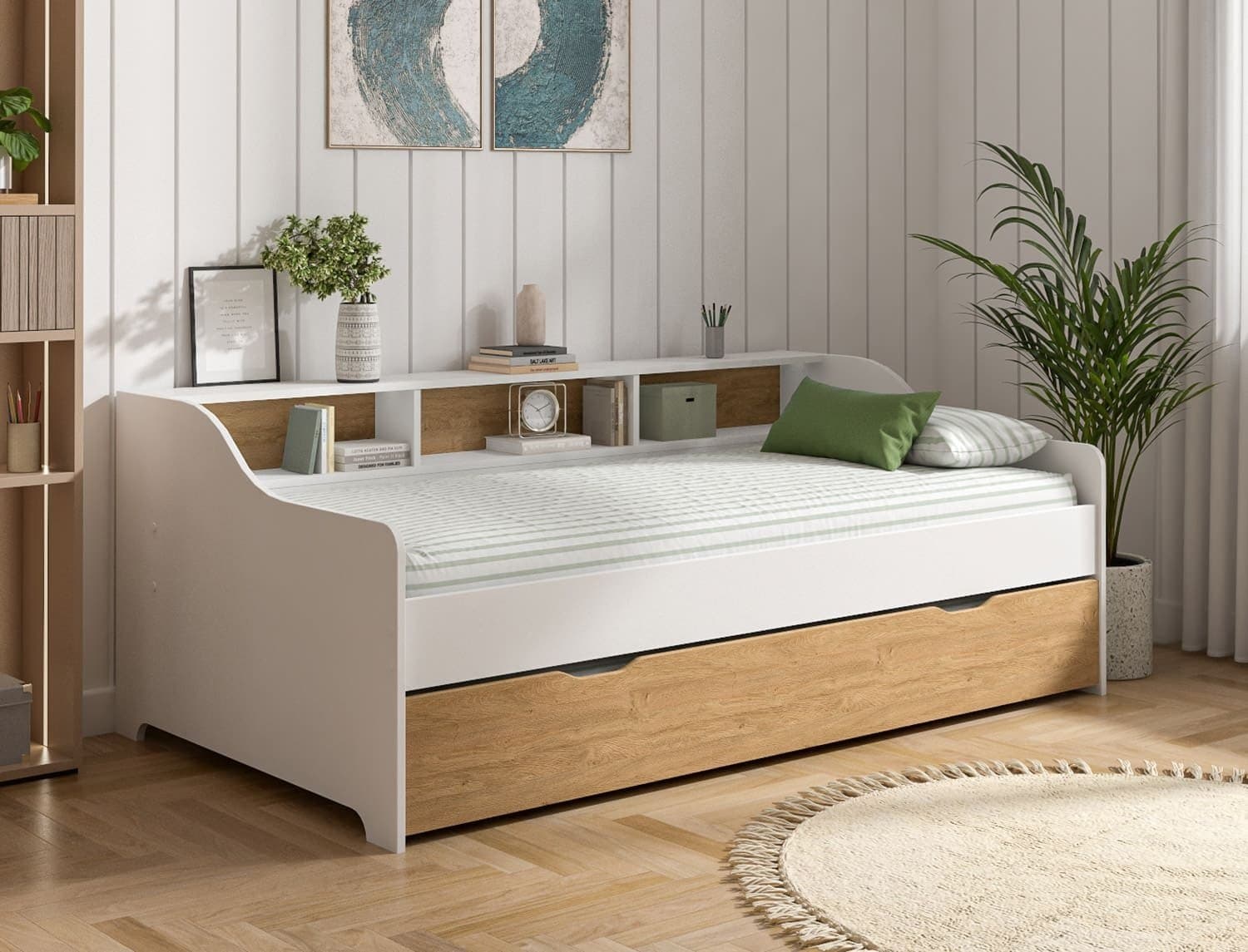 Lit gigogne avec rangement 90x200 Blanc & Chêne Achille