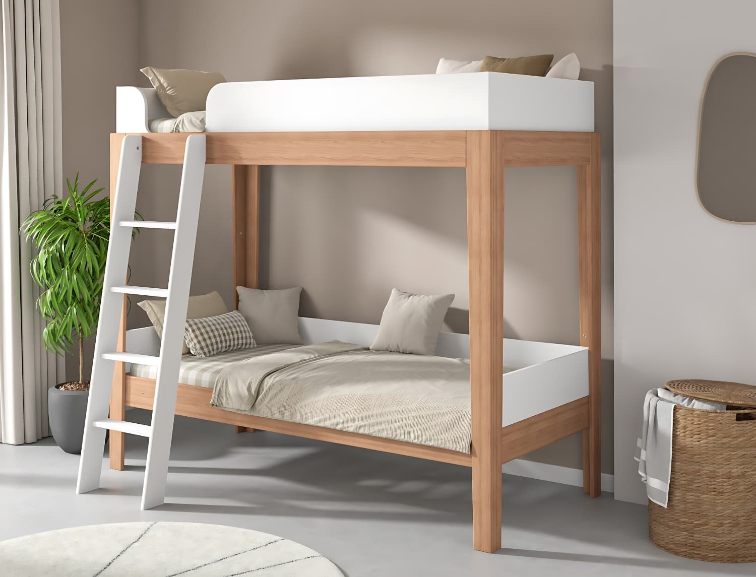 Lit superposé avec échelle inclinée 90x200 Blanc & Hêtre massif Harmonie
