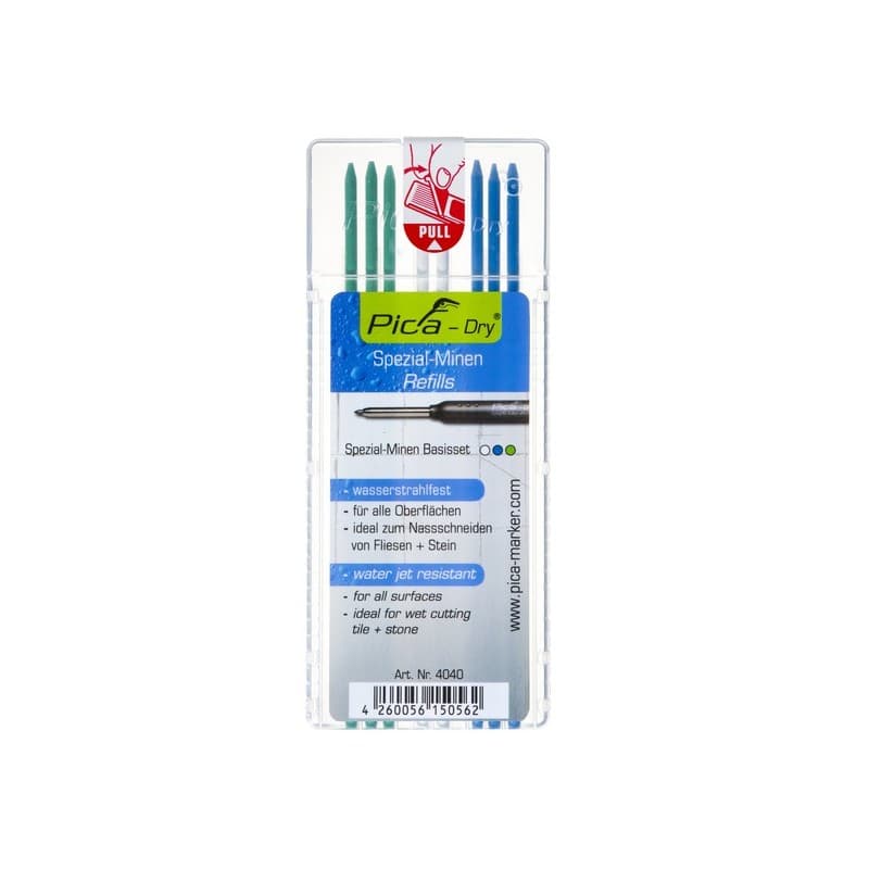 Mines assorties - 3 bleues, 3 vertes, 2 blanches mines assorties - 3 bleues, 3 vertes, 2 blanches 1 étui(s) de 8 pièce(s) - pica marker