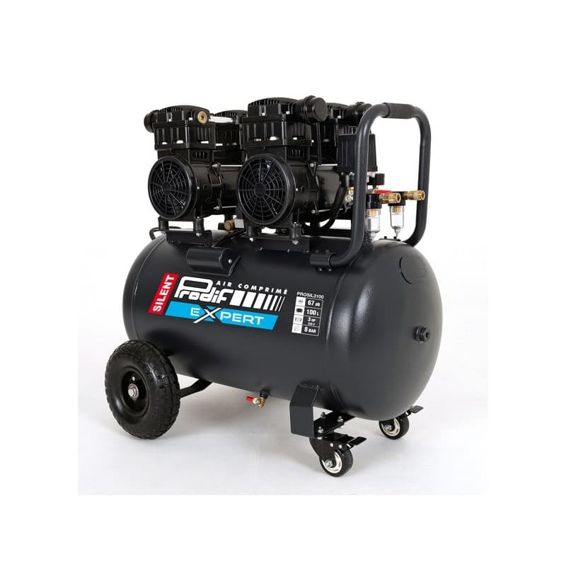 Compresseur silencieux 100l 15.6 m3/h 75 kg 67 dba compresseur silencieux 100l 15.6 m3/h 1 pièce(s) 3 cv 8 bar 100 litre(s) mobile 15.6 m³/min - prodi