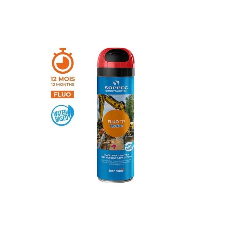 Traceur chantier fluo tp® hydro orange 1 aérosol(s) de 500 millilitre(s) traceur chantier fluo tp hydro - orange 0.5 litre(s) 12 mois - soppec