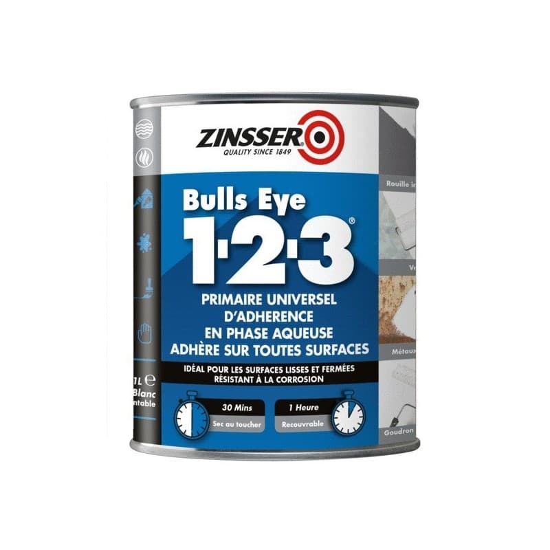 Primaire d'adhérence tous supports bulls eye® 1-2-3 impression masquante isolante 1-2-3 primer blanc acrylique brosse/rouleau, pistolet sans air 24 he