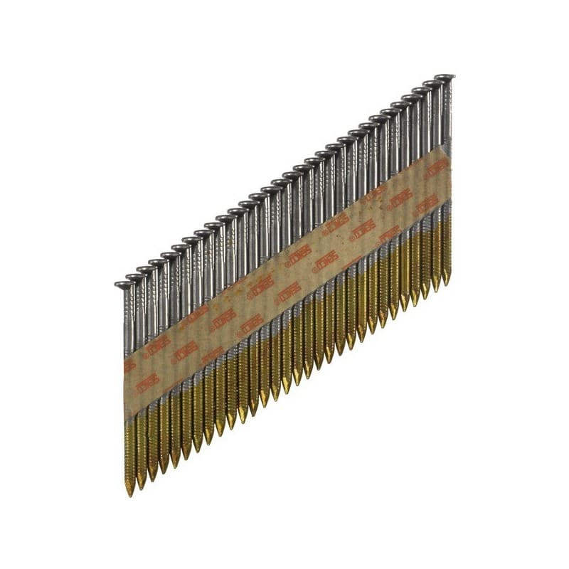 Bande 34° - pointes annelées tête plate en d - acier clair annelée bois 90 mm acier clair 3.1 mm 3,1 mm plate en d 1 boîte(s) de 2000 pièce(s) pointes