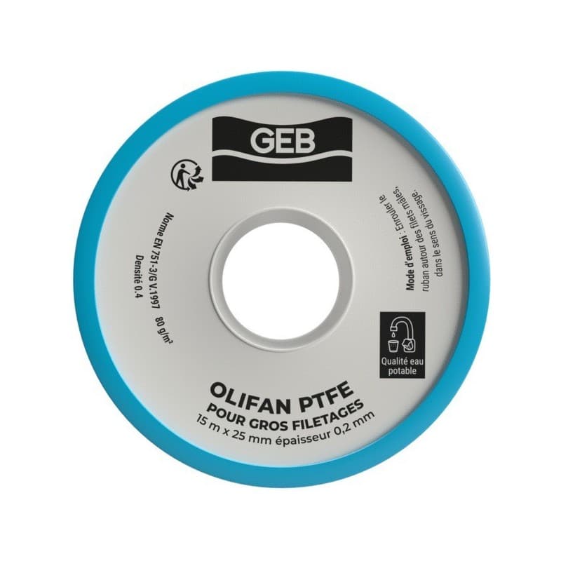 Ruban ptfe - standard/gros diamètres 1 rouleau(x) de 15 mètre(s) linéaire ruban ptfe gros diametre 25 mm x 15 m x 0.2 mm - geb sas