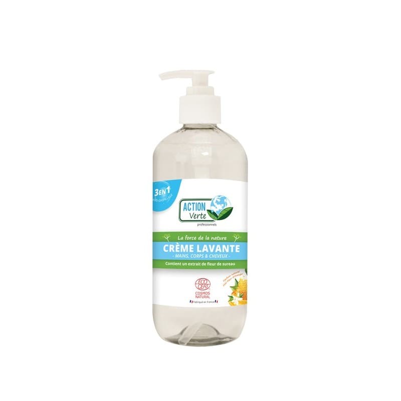 Crème lavante mains écocert 1 flacon(s) de 500 millilitre(s) crème lavante mains écocert 0.5 litre(s) à pompe liquide savon doux - action verte
