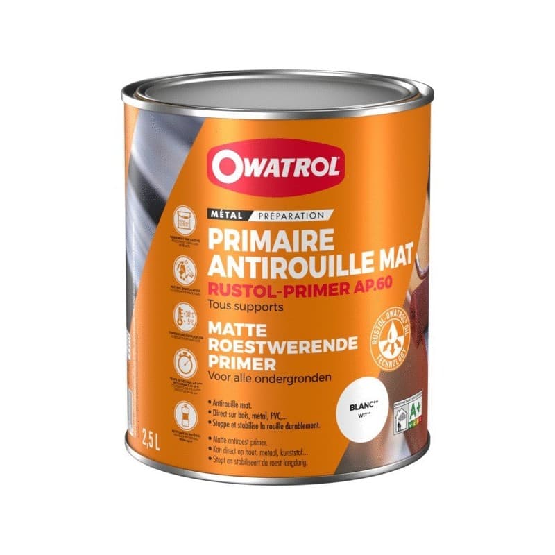 Primaire et finition antirouille mat multisupport white spirit brosse/rouleau, pistolet sans air 1 24 heure(s) très soigné gris supports anciens ou ta