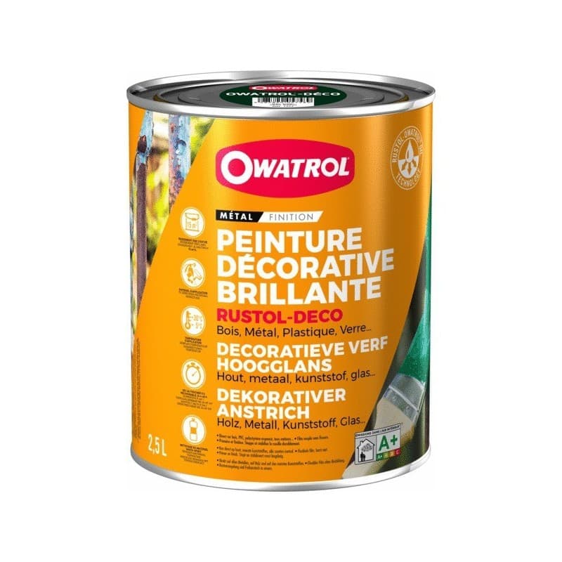 Peinture multisupport brillante antirouille rustol deco white spirit soigné 15 m²/l brosse/rouleau, pistolet sans air 1 24 heure(s) supports anciens o