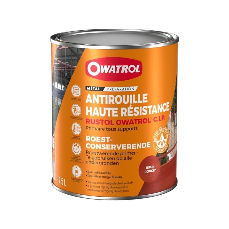 Primaire "conditions extrêmes" rustol cip supports neufs ou sains 48 heure(s) white spirit 15 m²/l brosse/rouleau, pistolet sans air 1 alkyde-uréthane