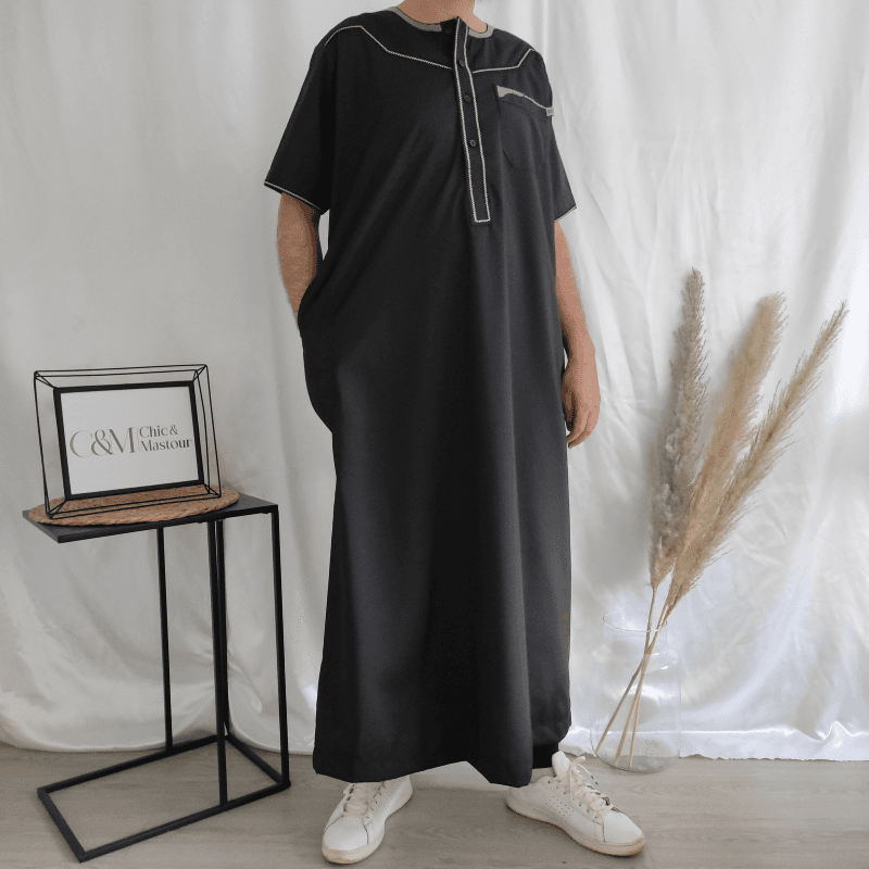 Qamis Manche Courte Effet Coton Noir 62