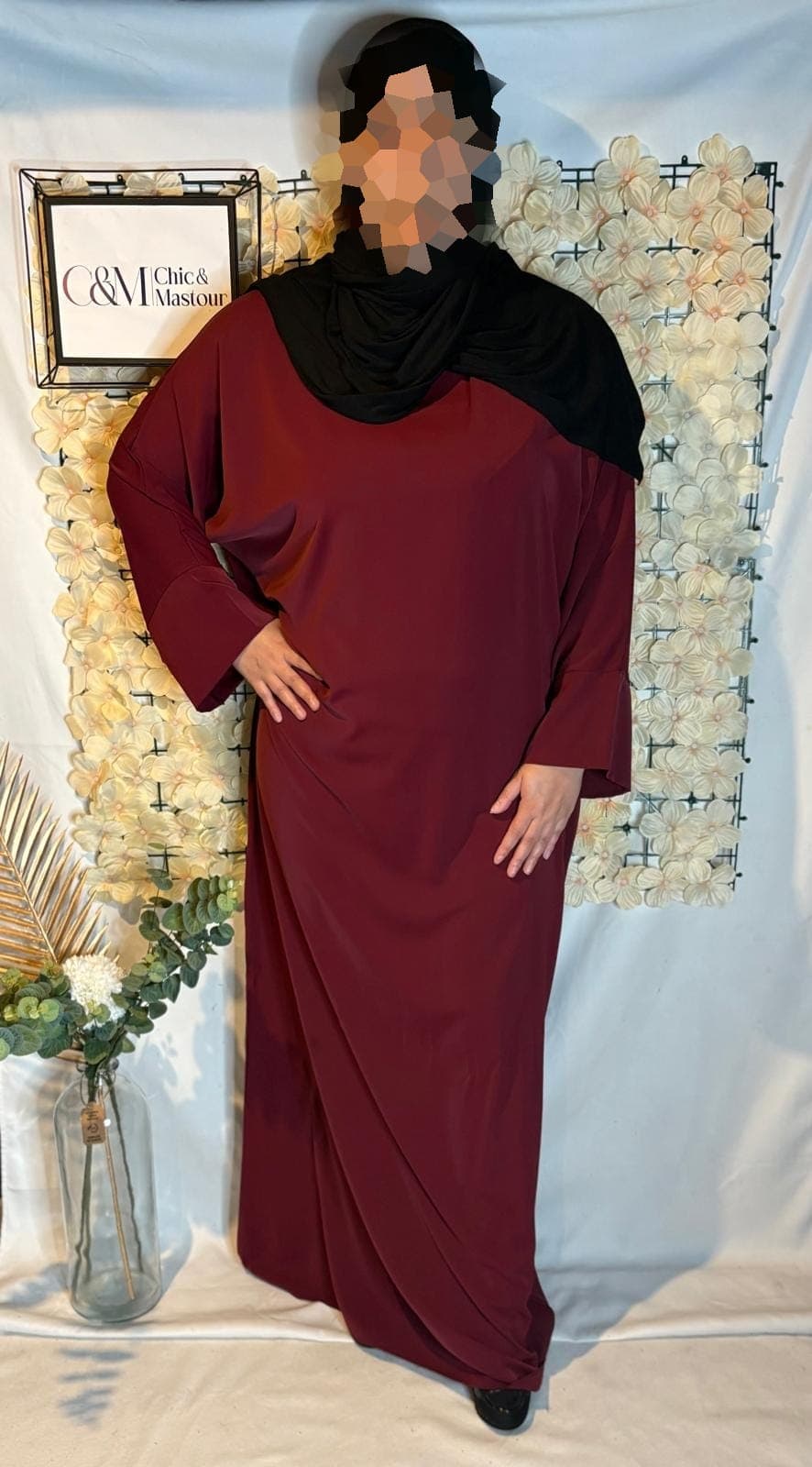 Abaya Grande Taille Manche Lycra Bordeaux
