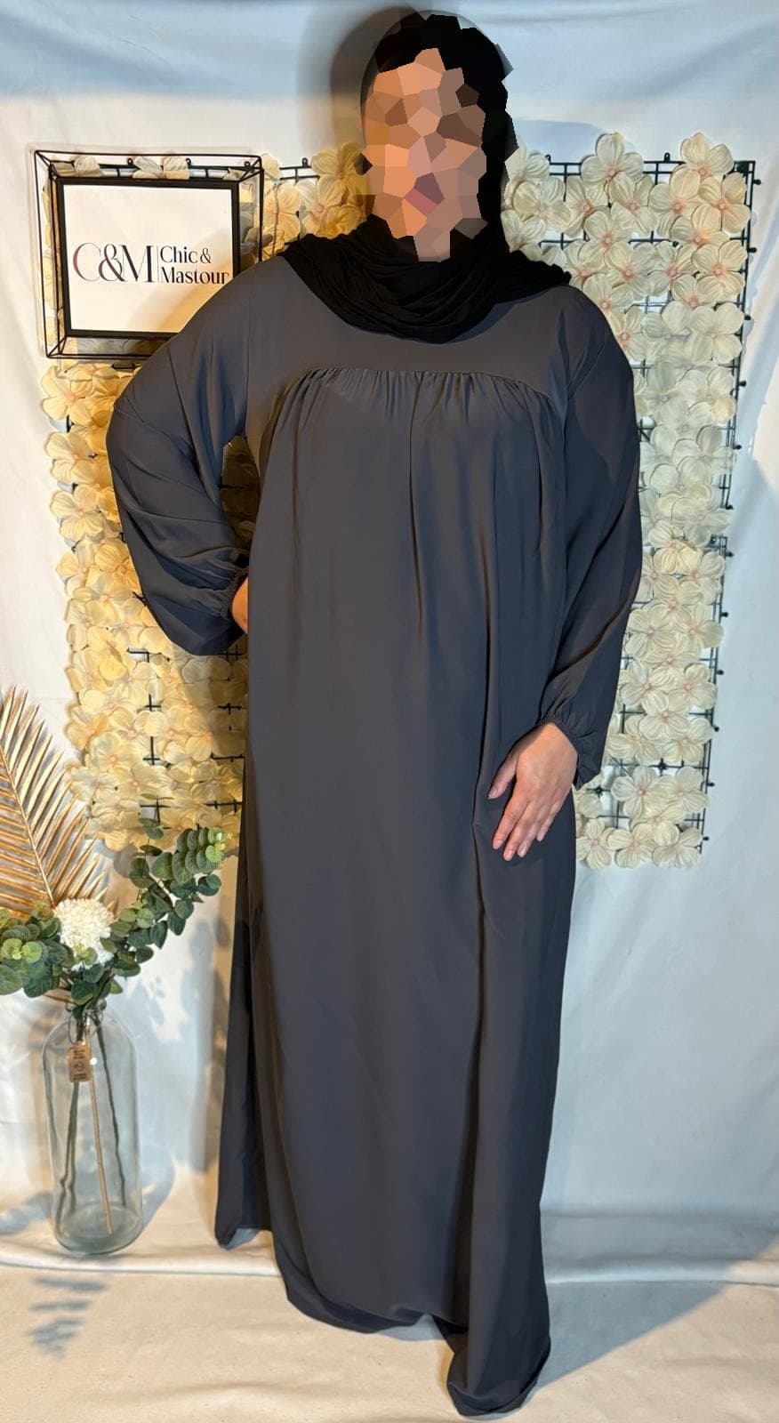 Abaya Grande Taille Manche Ballon Gris Anthracite