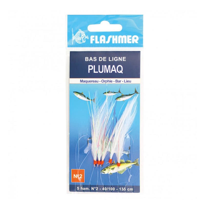 Bas De Ligne Plumaq FLASHMER - 5 Hameçons N° 1 / 0 Plumes blanches