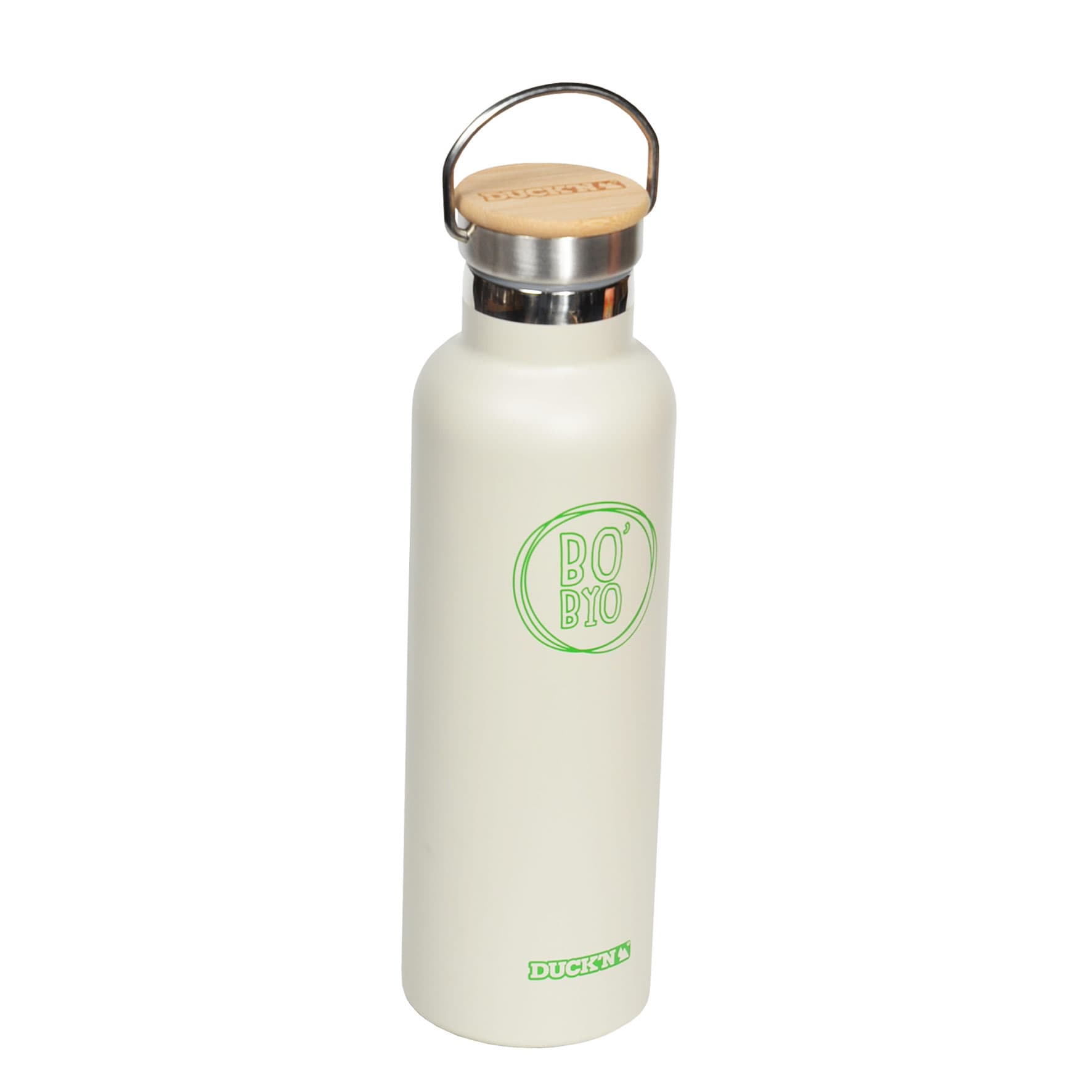 Bouteille isotherme double paroi 750 ml couleur crème bouchon inox et bambou
