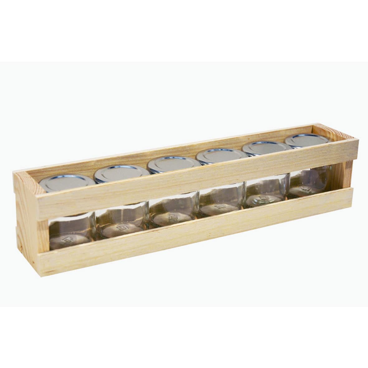 Coffret de présentation en bois 29 x 5,5 x 6,4 cm avec 6 pots en verre 40 ml