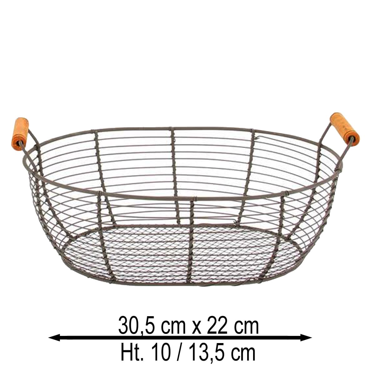 Corbeille à oeufs ovale métal vieilli double poignées bois 31 x 23 x 10 cm
