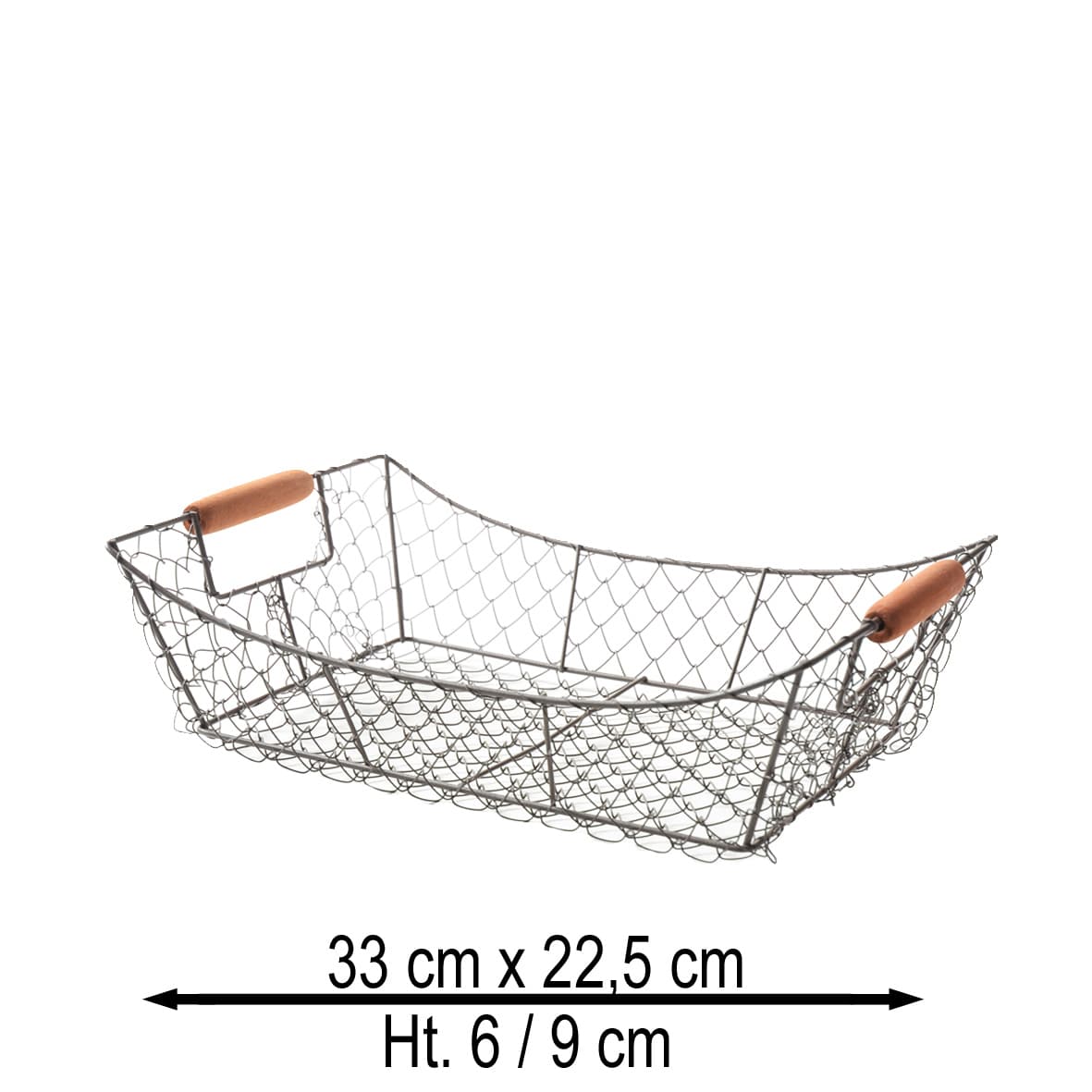 Corbeille rectangle pagode métal vieilli double poignées bois 34 x 23 x 7 cm