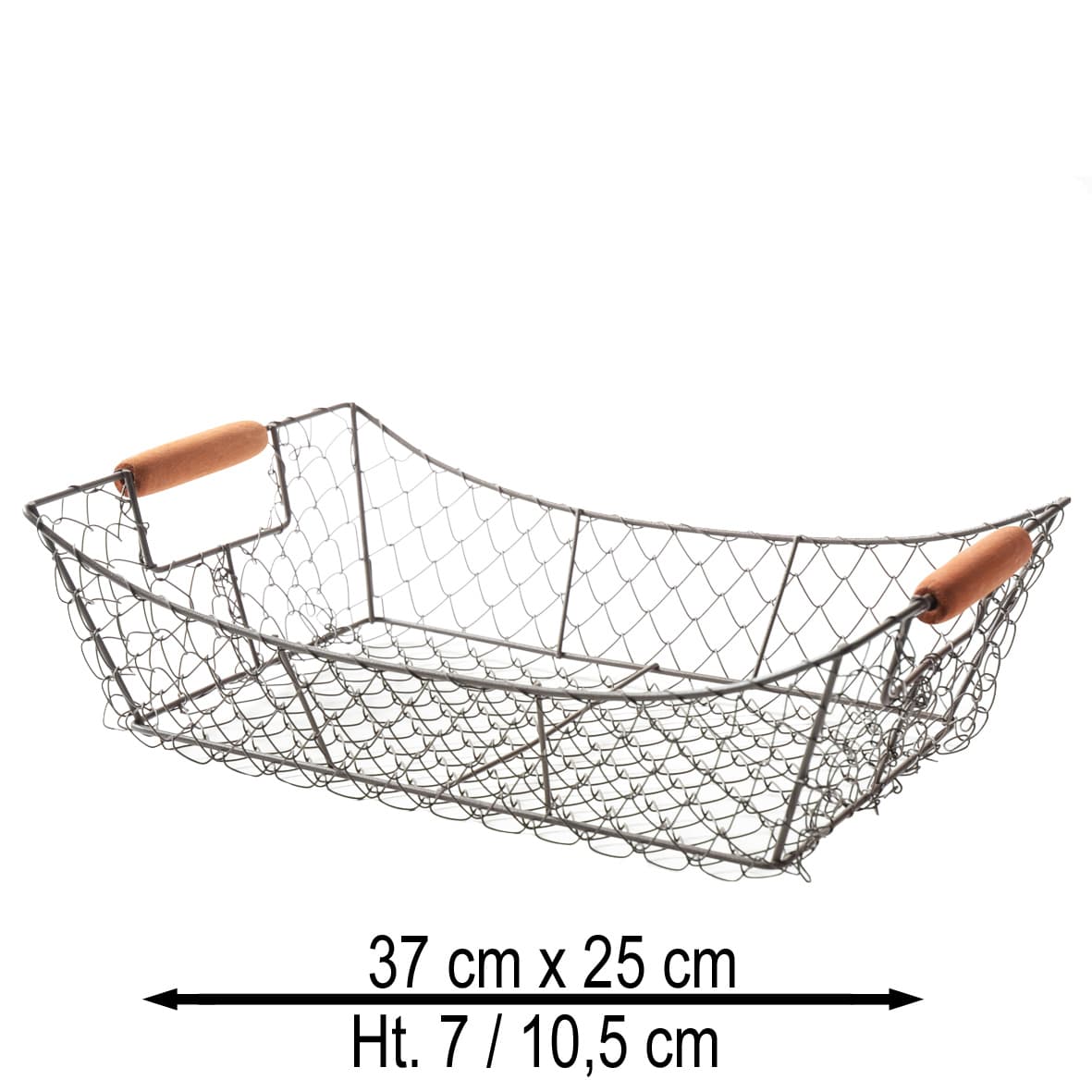 Corbeille rectangle pagode métal vieilli double poignées bois 38 x 26 x 7 cm