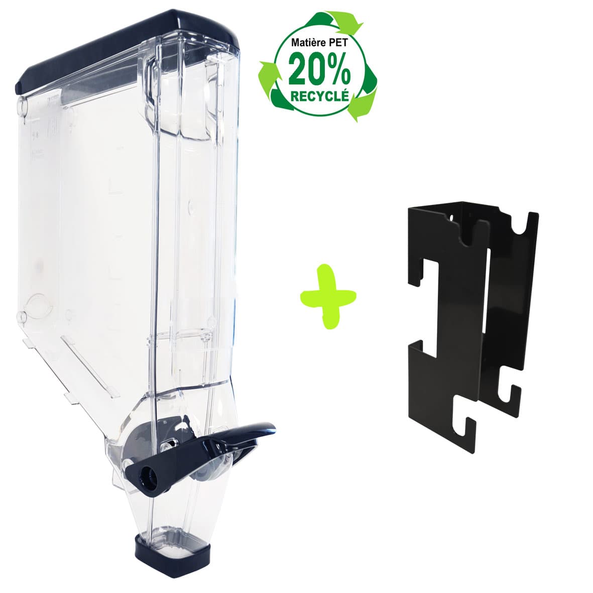 Distributeur poignée étroit 12,5 litres «Choix Durable» en PET dont 20% recyclé + Sabot métal à fixer