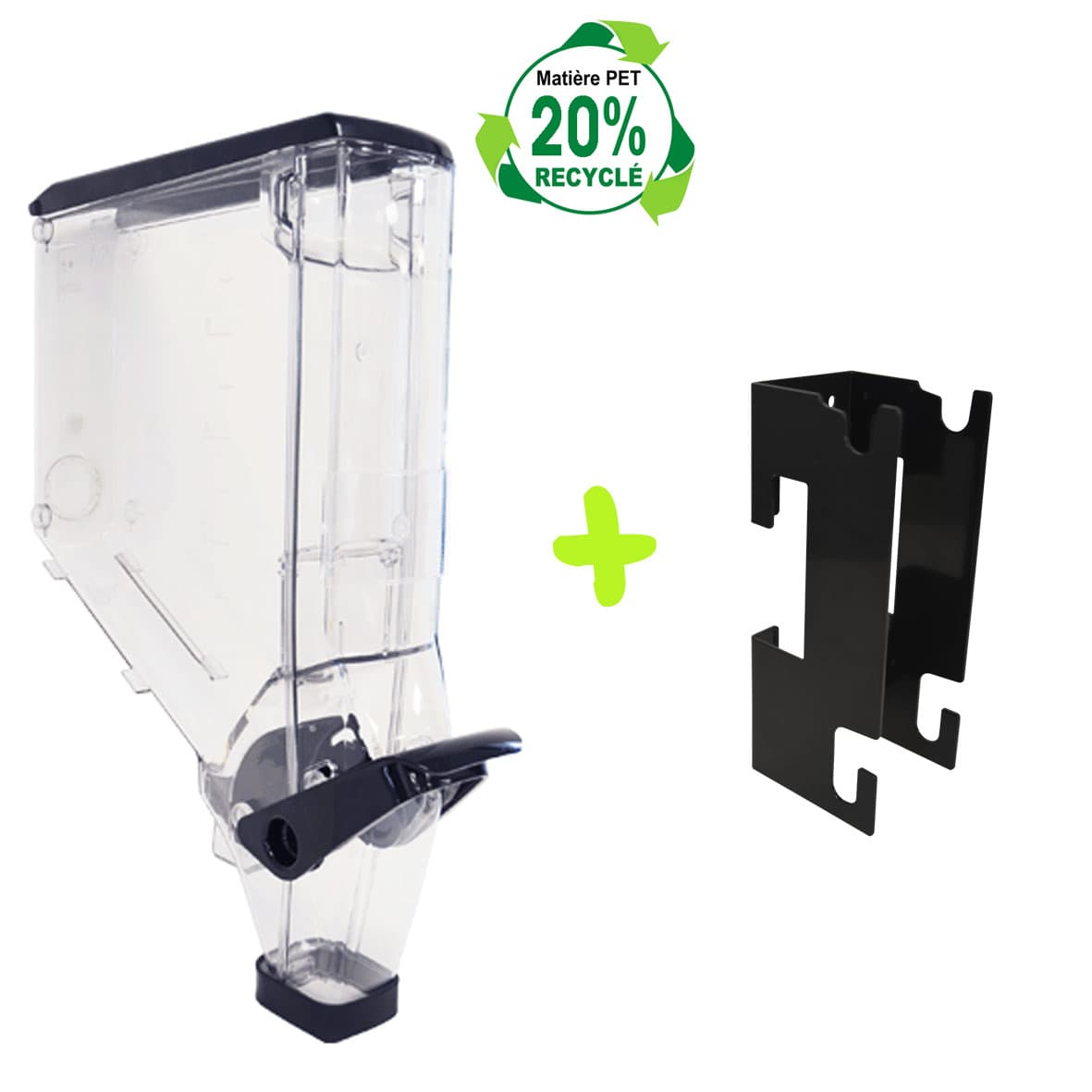 Distributeur poignée étroit 7,5 litres «Choix Durable» en PET dont 20% recyclé + Sabot métal à fixer