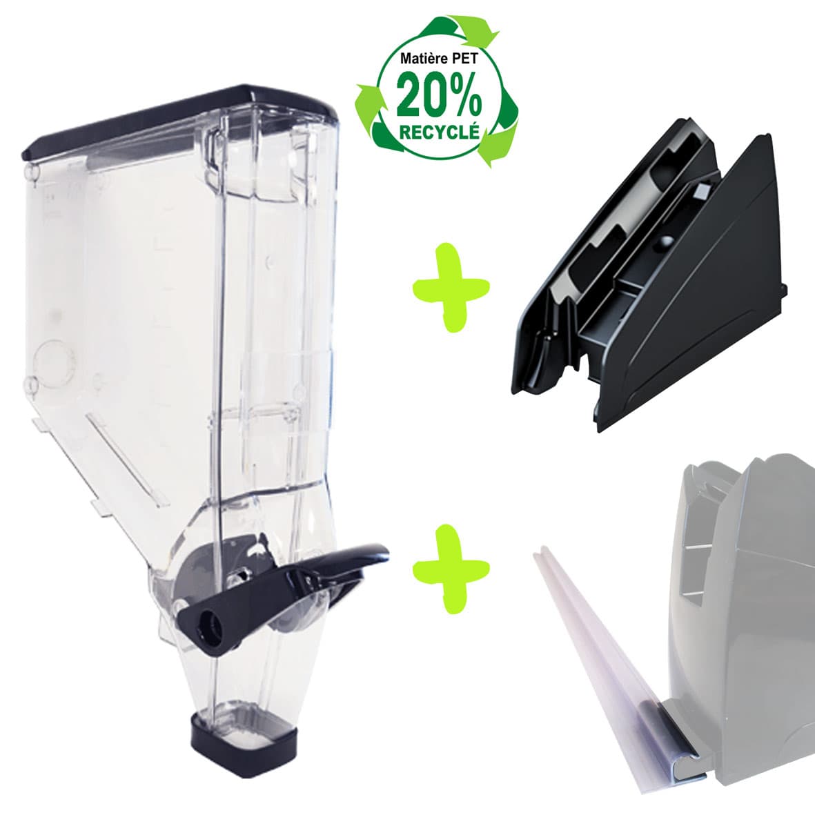 Distributeur poignée étroit 7,5 litres «Choix Durable» en PET dont 20% recyclé + Socle à poser + Rail
