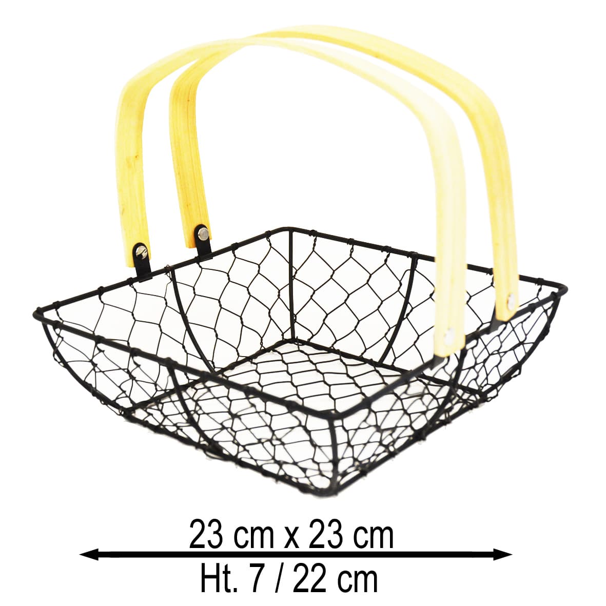 Panier métal carré grillage noir mat anses bois rabattables 23 x 23 x 7 cm