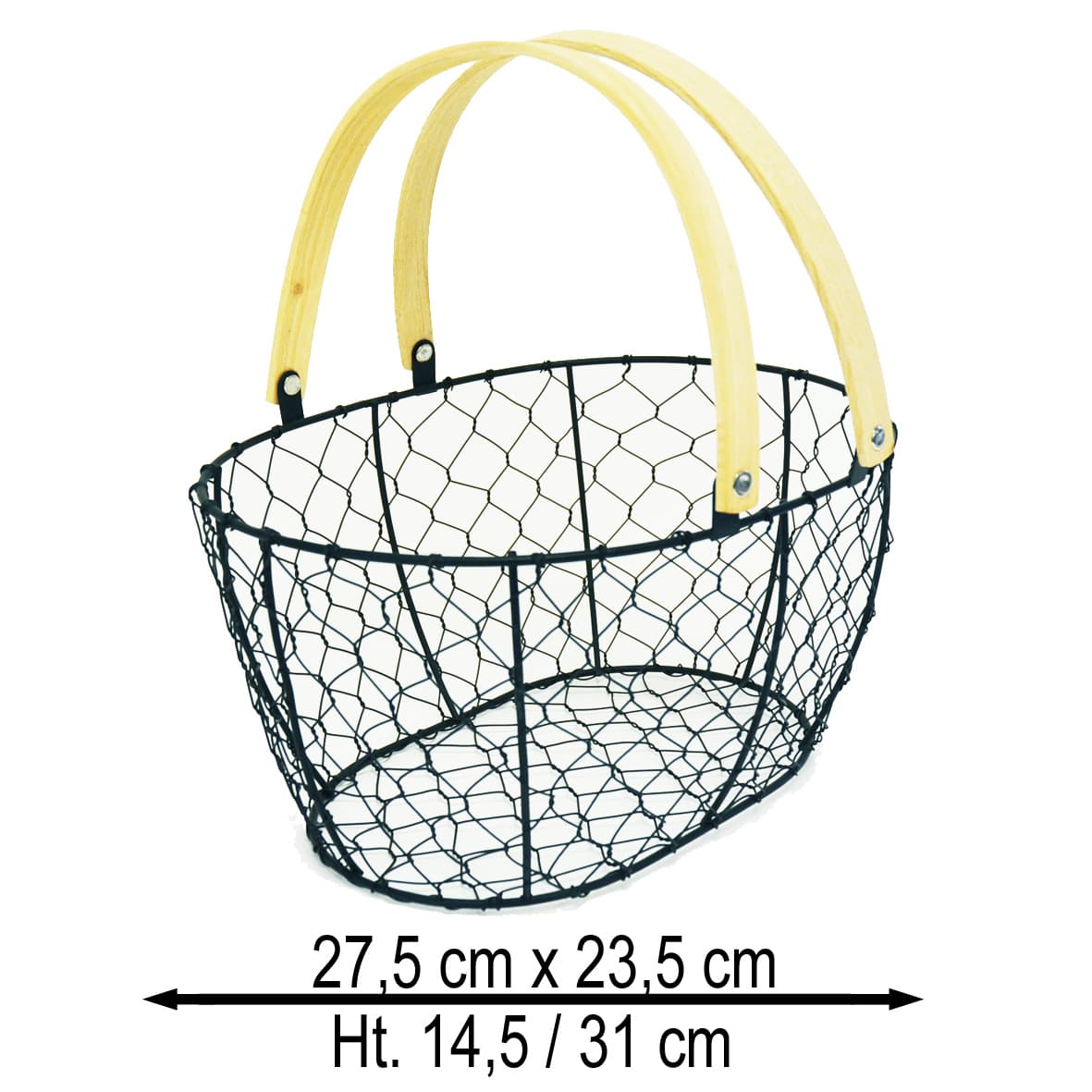 Panier métal ovale grillage noir mat anses bois rabattables 27 x 23 x 15 cm