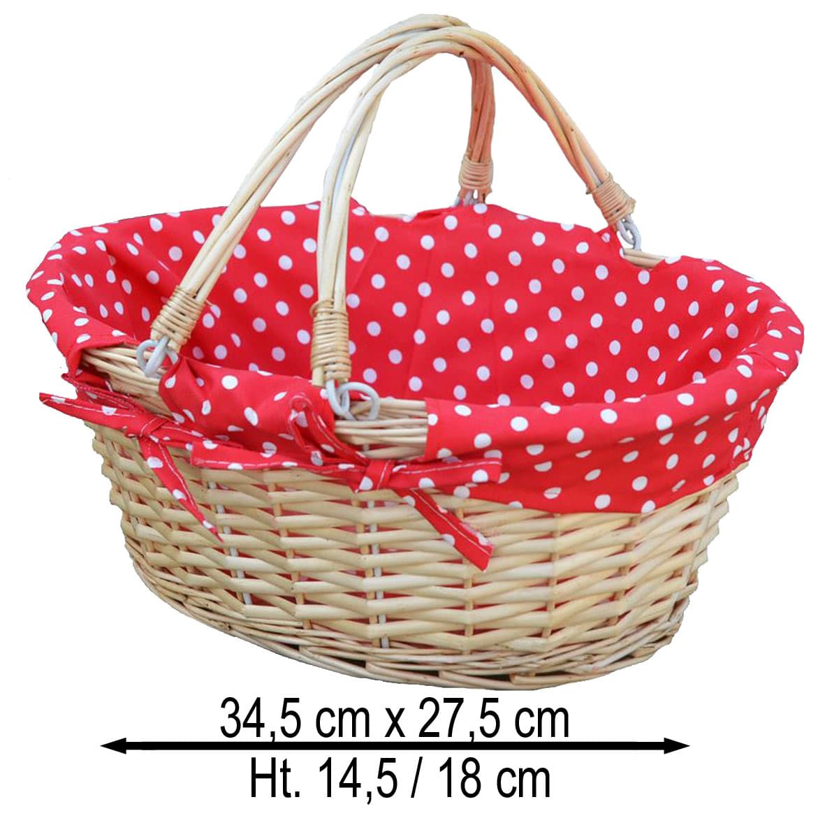 Panier osier ovale naturel double anses rabattables et tissu rouge pois blanc 34 x 27 x 14 cm
