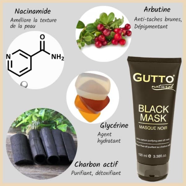 Masque Noir peel-off, anti Point Noir, au charbon actif et à l'arbutine 100ml - Gutto Natural