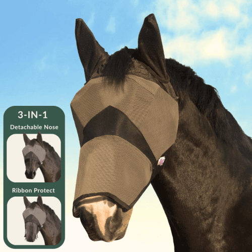 Masque anti-mouches KM Elite Combat 3-en-1 – Protection UV – Nez amovible et franges anti-insectes -