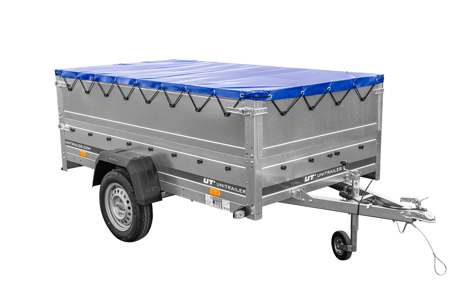 Przyczepka lekka 230×125 Unitrailer Garden 230 KIPP z burtami BIS i plandeką niebieską-Nowy