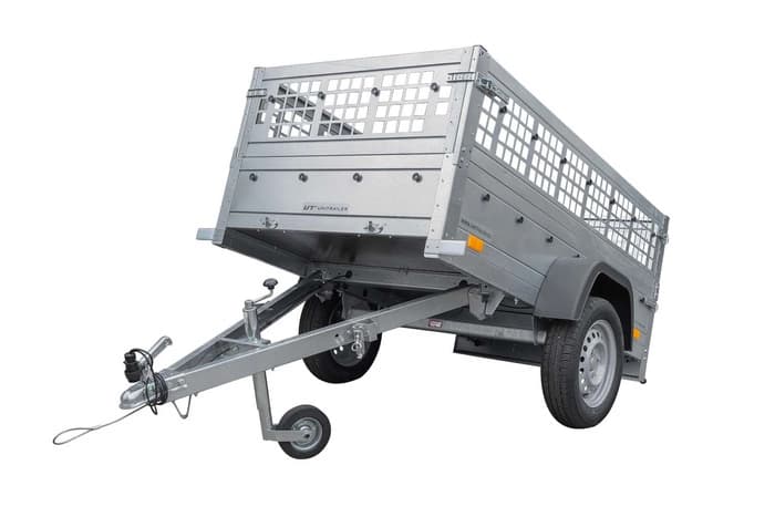 Przyczepka lekka 200×106 Unitrailer Garden 200 KIPP z burtami siatkowymi, stelażem H-800 i pokrowcem niebieskim-Nowy