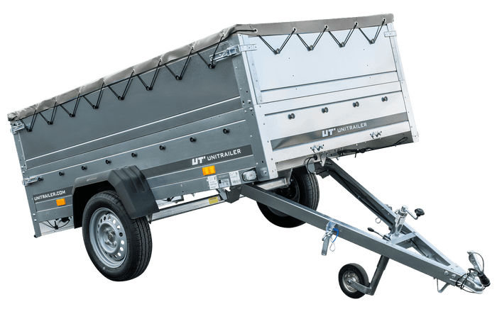 Przyczepka jednoosiowa 230×125 Unitrailer Garden 230 KIPP z burtami BIS, stelażem H-0 i pokrowcem szarym-Nowy