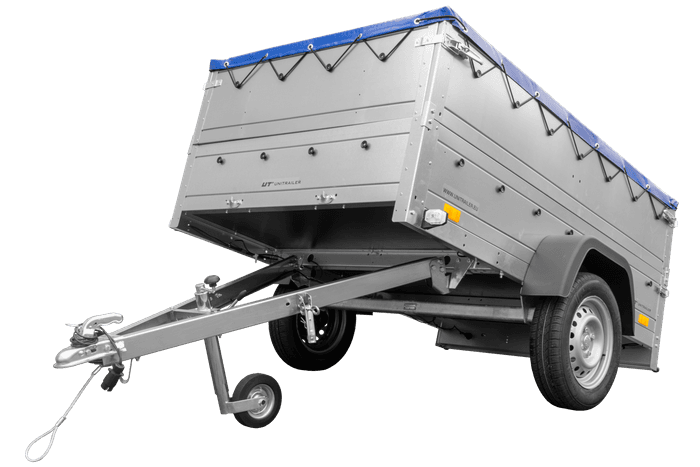 Przyczepka samochodowa 200×125 Unitrailer Garden 201 KIPP z burtami BIS i plandeką niebieską-Nowy