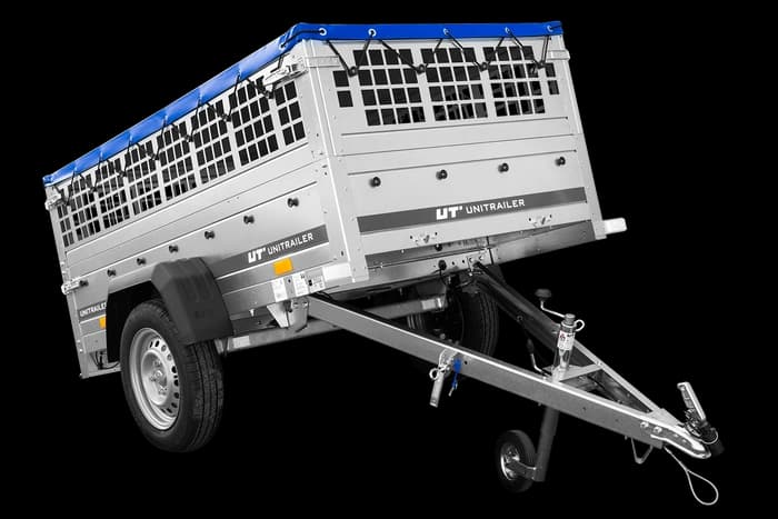 Przyczepka lekka 200×106 Unitrailer Garden 200 KIPP z burtami siatkowymi, stelażem H-0 i pokrowcem niebieskim-Nowy